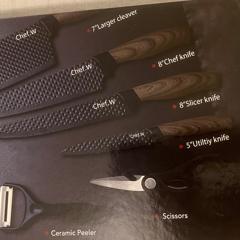New Chef W Kitchen Knife 7", 8", 5" Brown Black Diamond Cut Blades - Picture 2 of 5